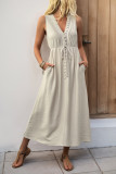 Solid Color V-Neck Waist Cinched Sleeveless Vest Dress
