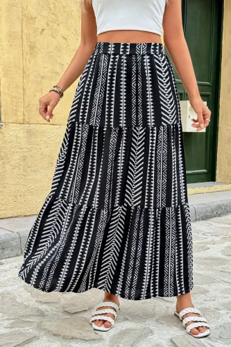 Ethnic Style Printed High Waisted Elastic Skirt