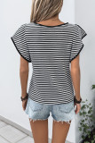 Black White Striped Round Neck Short Sleeved T-Shirt