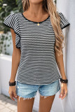 Black White Striped Round Neck Short Sleeved T-Shirt