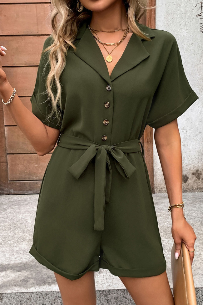 Suit Collar Solid Color Short Sleeved Jumpsuit