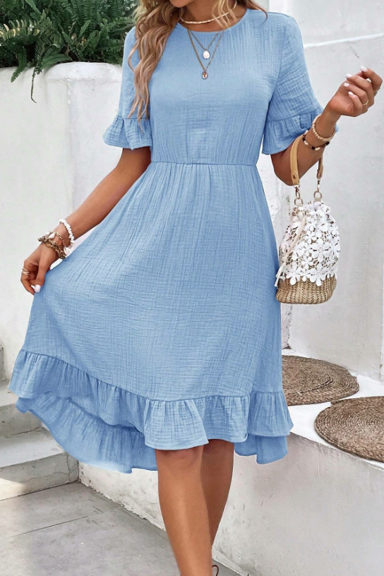 Round Neck Ruffled Short Sleeve Dress