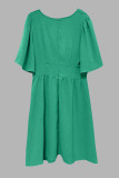 Deep V-Neck Ruffle Short Sleeves Solid Color Dress