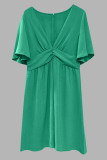 Deep V-Neck Ruffle Short Sleeves Solid Color Dress