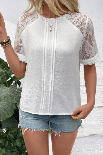 White Lace Round Neck Short Sleeved Shirt