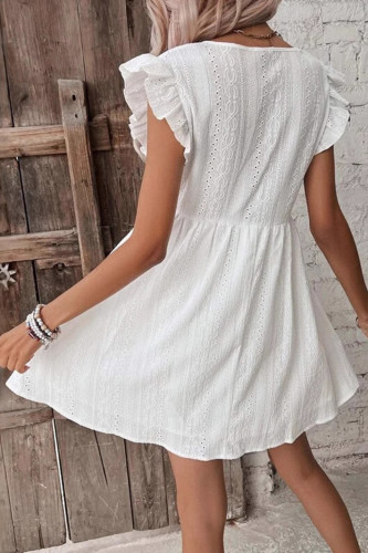 Lace Hollow V-Neck Ruffle Short Sleeved Dress