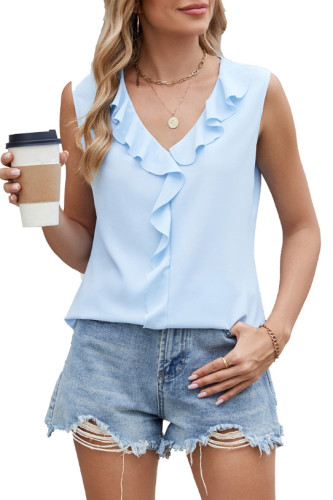 Sleeveless V-Neck Pleated Ruffled Chiffon Shirt