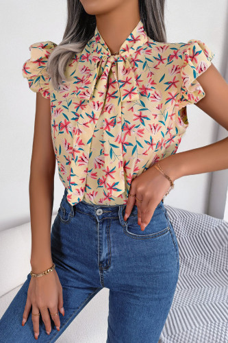Butterfly Knot Ruffled Short Sleeved Chiffon Shirt