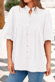 V-Neck Lantern Short Sleeve Loose Button Shirt