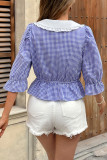 Retro Doll Collar Plaid Printed Ruffled Sleeve Shirt