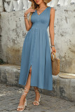 Light Blue Sleeveless Waist Cinched Slit Short Sleeved Dress