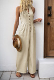 Hanging Neck Sleeveless Solid Color Wide Leg Jumpsuit