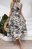 V-Neck Elastic Waistband Sleeveless Zebra Print Dress