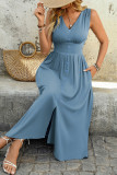 Light Blue Sleeveless Waist Cinched Slit Short Sleeved Dress