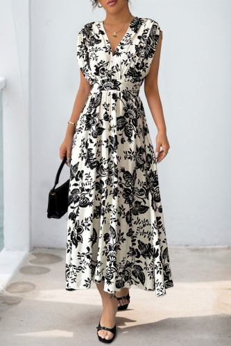 Vintage Floral Printed V-Neck Sleeveless Dress