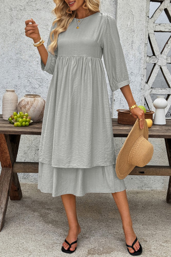 Round Neck Five Quarter Sleeve Loose Solid Color Dress