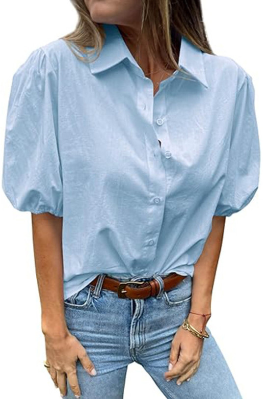 Solid Color Button Bubble Short Sleeved Shirt