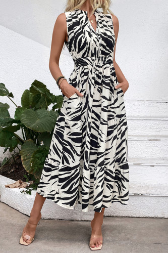 V-Neck Elastic Waistband Sleeveless Zebra Print Dress