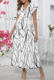Printed V-Neck Ruffled Short Sleeved Dress