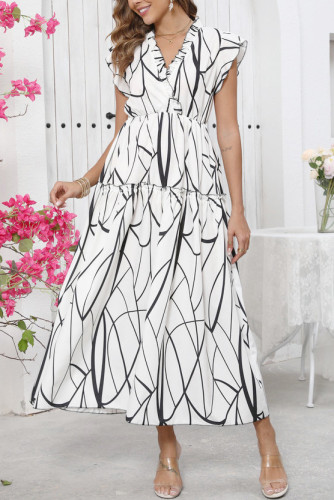 Printed V-Neck Ruffled Short Sleeved Dress