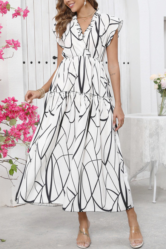 Printed V-Neck Ruffled Short Sleeved Dress