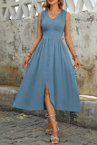 Light Blue Sleeveless Waist Cinched Slit Short Sleeved Dress