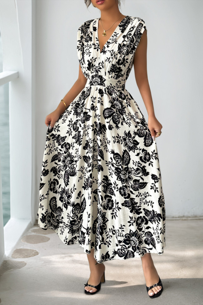 Vintage Floral Printed V-Neck Sleeveless Dress