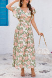 New Printed V-Neck Ruffled Short Sleeved Dress