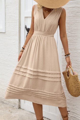 Solid Color Sleeveless V-Neck Elastic Waist Dress