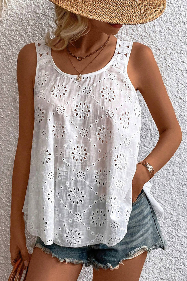 Solid Color Embroidered Loose Sleeveless Hollow Shirt