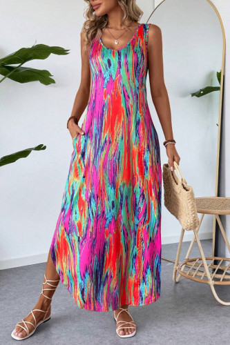 Summer Waist Cinching Printed Sleeveless Dress
