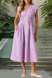 V-Neck Pleated Zipper Waist Cinching Dress