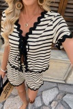 Striped Lace Bow Short Sleeved Shorts Two-Piece Set