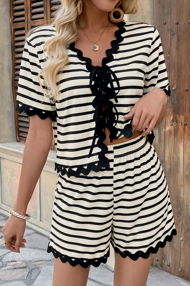 Striped Lace Bow Short Sleeved Shorts Two-Piece Set