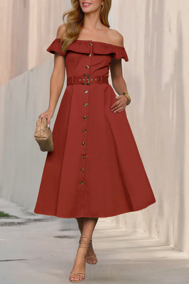 Fashion Retro Off Shoulder Ruffle Edge Dress