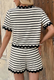 Striped Lace Bow Short Sleeved Shorts Two-Piece Set