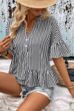V-Neck Solid Color Ruffled Short Sleeved Shirt