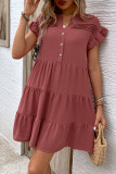 V-Neck Ruffle Short Sleeve Solid Color Dress