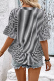 V-Neck Solid Color Ruffled Short Sleeved Shirt