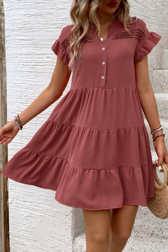 V-Neck Ruffle Short Sleeve Solid Color Dress