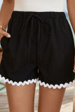 Loose Drawstring Wavy Edge Black Shorts