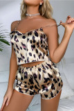 Satin Leopard Print Tank Top Shorts Two-Piece Set