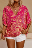 V-Neck Printed Vacation Style Bat Sleeve Shirt