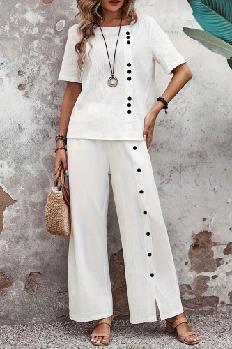 Solid Color Square Neck Short Sleeved Shirt Pants Two-Piece Set