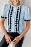 Embroidered Button Short Sleeved Round Neck Shirt