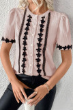 Embroidered Button Short Sleeved Round Neck Shirt