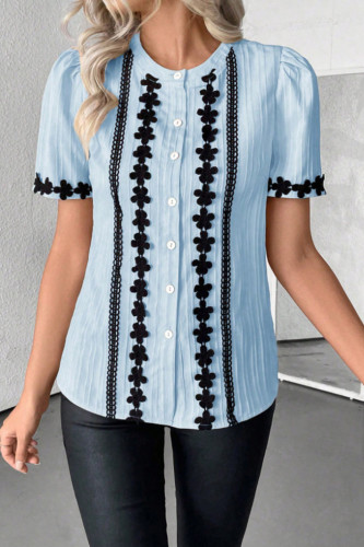 Embroidered Button Short Sleeved Round Neck Shirt