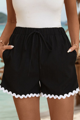Loose Drawstring Wavy Edge Black Shorts