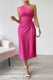 Slant Shoulder Sleeveless Solid Color Slit Dress