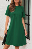 Solid Color Hollow Short Sleeved Round Neck Pleated Dress